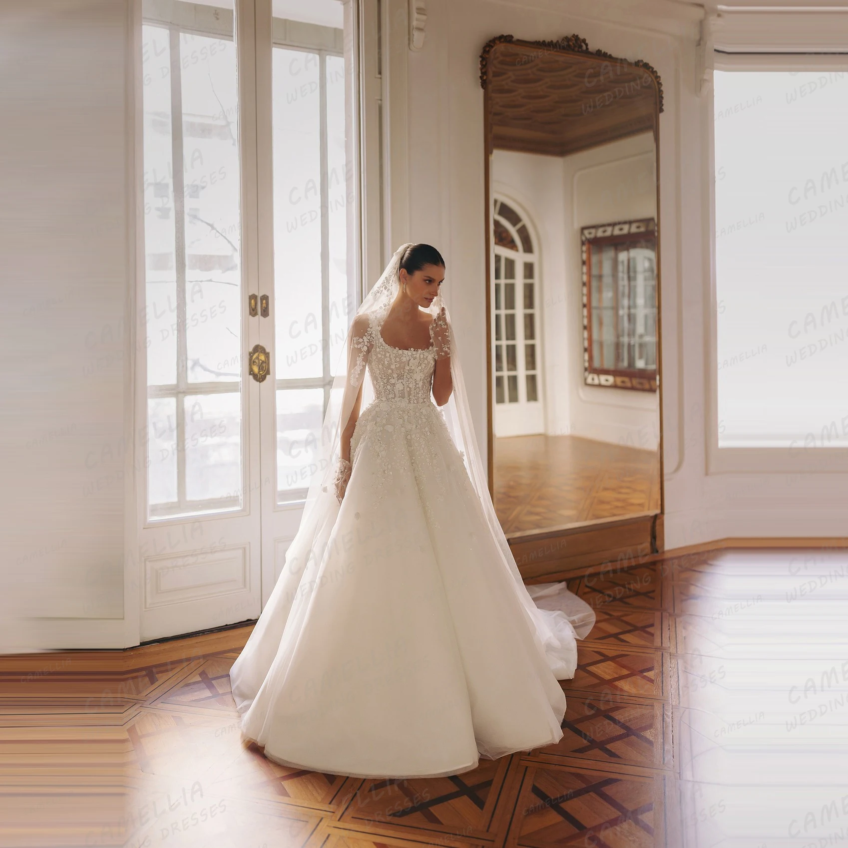 우아한 우아한 웨딩 드레스 여성 라인 긴 소매 아플리케 신부 가운 보트 넥 공식 베스 티드 드 노비아 맞춤형