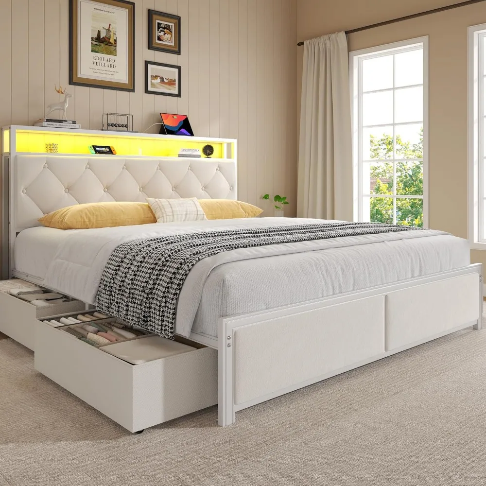 Queen Bed Frame with Headboard, Storage Drawers, Fast Charging Station, Led Lights, Bed Frame Queen Size with Fabric Drawers