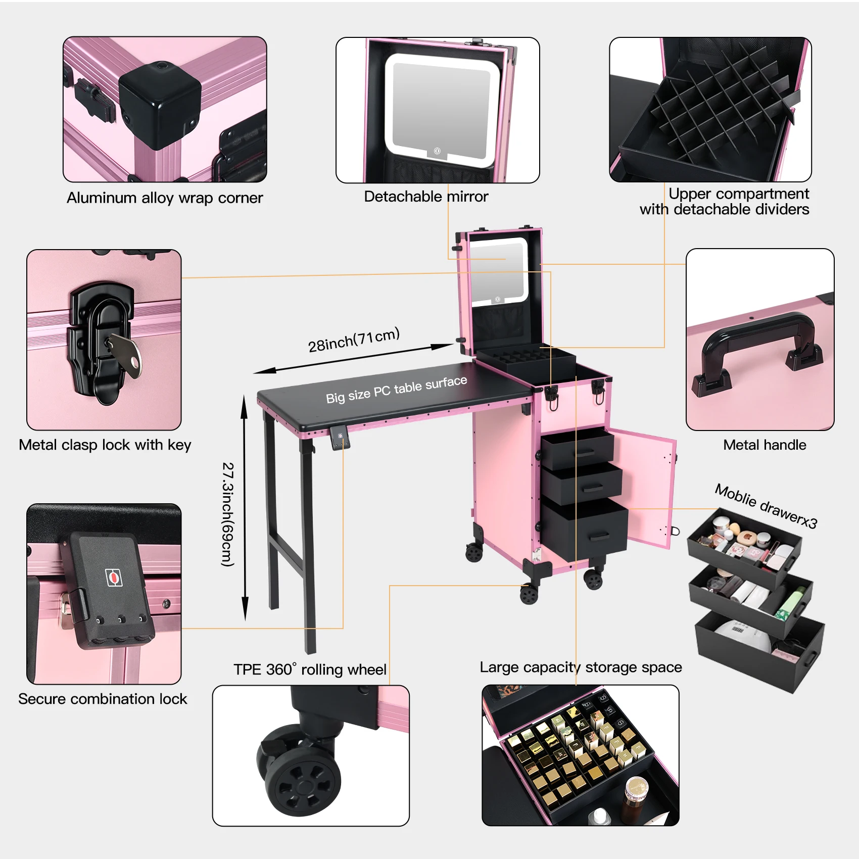 Nail Station with Multi-Color LED Mirror and Storage Drawers Movable Foldable