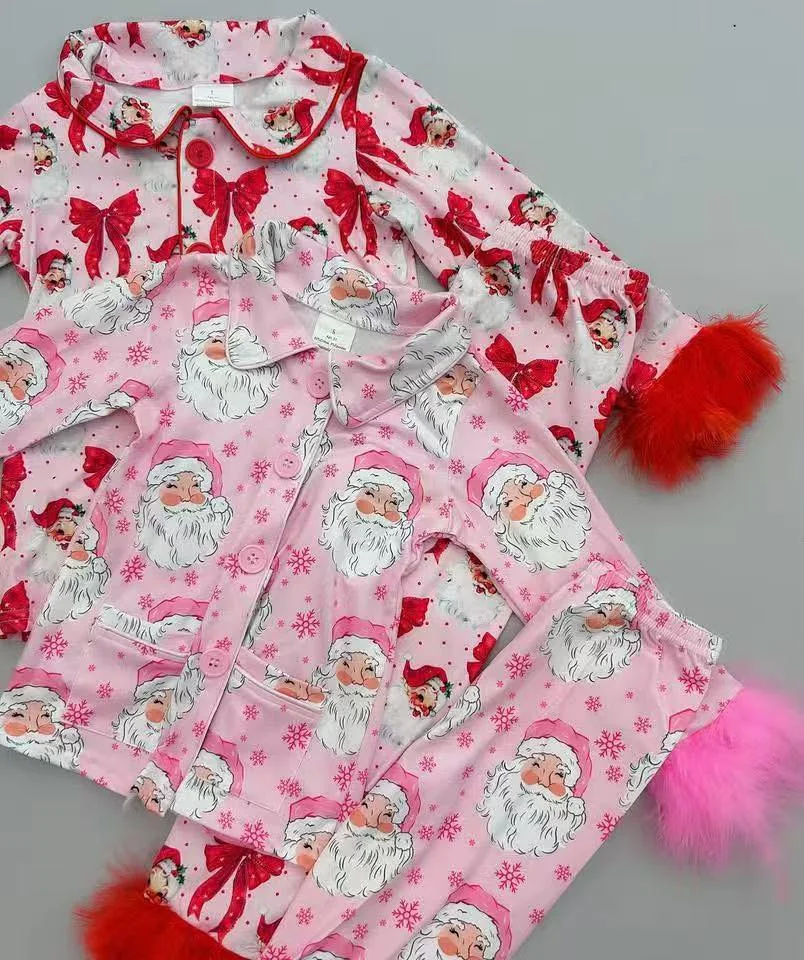 GLP2372 Summer Boutique kids clothes girl Christmas bow pattern plush edge long sleeve pants sets Wholesale baby girls clothes