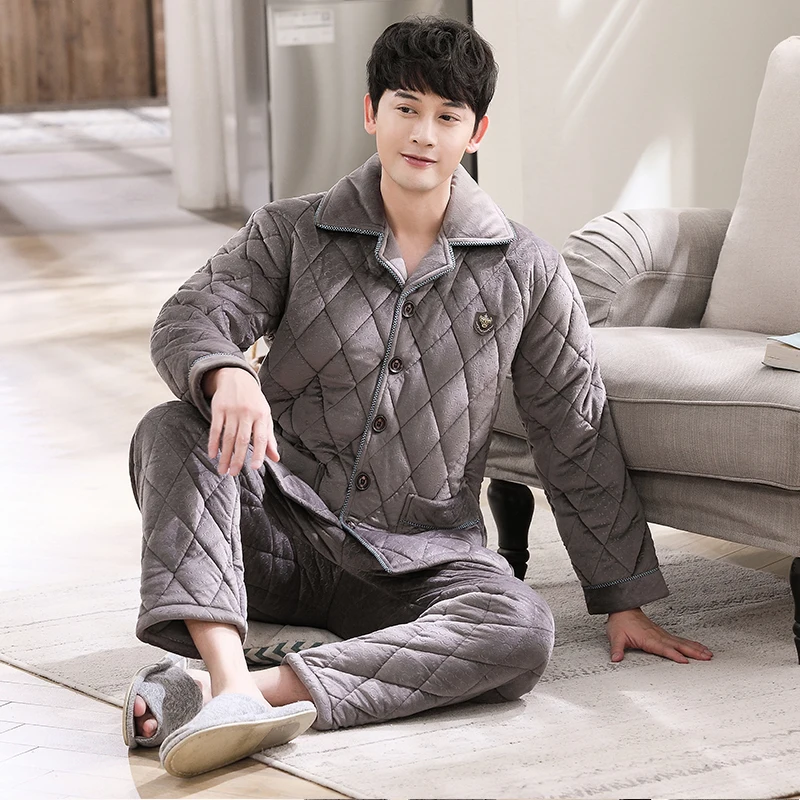 

Winter 3 Layers Quilted Pajamas Warm Men Thick Flannel Pajama Sets Coral Fleece Sleepwear Suits Men Casual Home Clothes Pijamas