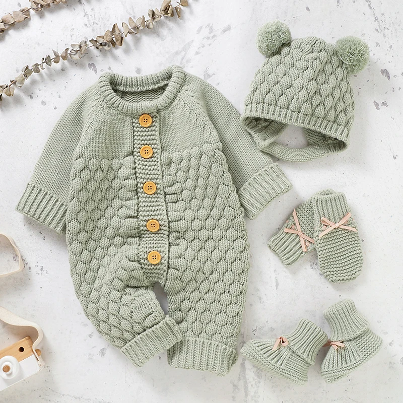 Newborn Baby Romper Gloves Shoes Set Knitted Infant Girl Long Sleeve Jumpsuit +Boots +Mitten Solid Toddler Boys Clothing Hat 4PC