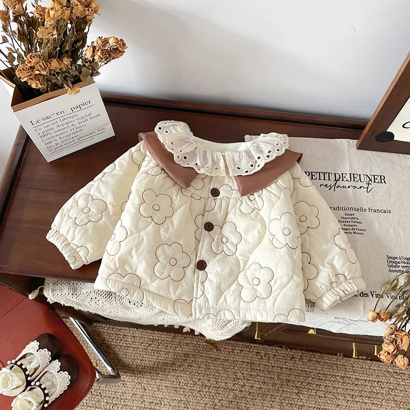 Autumn Winter Kids Girls Outerwears Coat Flower Lace Collar Cotton Padded Baby Girl Parkas Plus Velvet Thick Toddler Girl Jacket