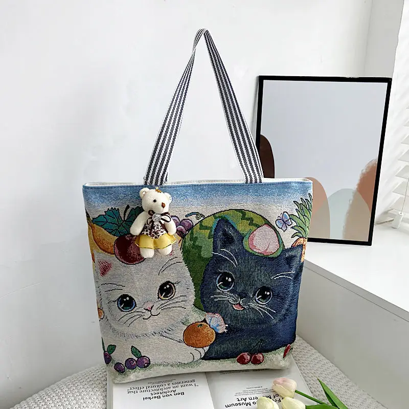 

Width hand-held two-sided pattern linen canvas large capacity single-shoulder tote women's bag Korean style fashion shopping bag