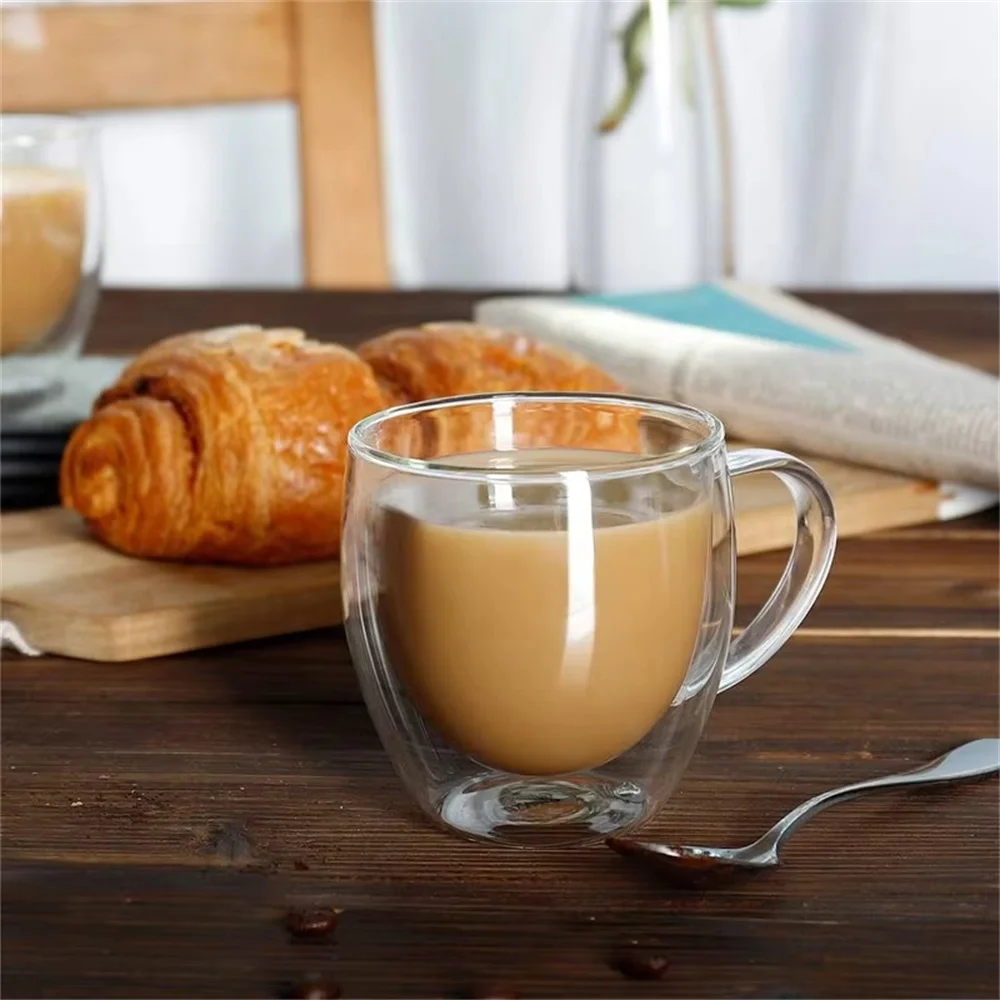 Tazas de café de vidrio de doble pared de 250 ml Tazas de café de vidrio de borosilicato aisladas con asa para capuchino, café con leche, té, frío/caliente