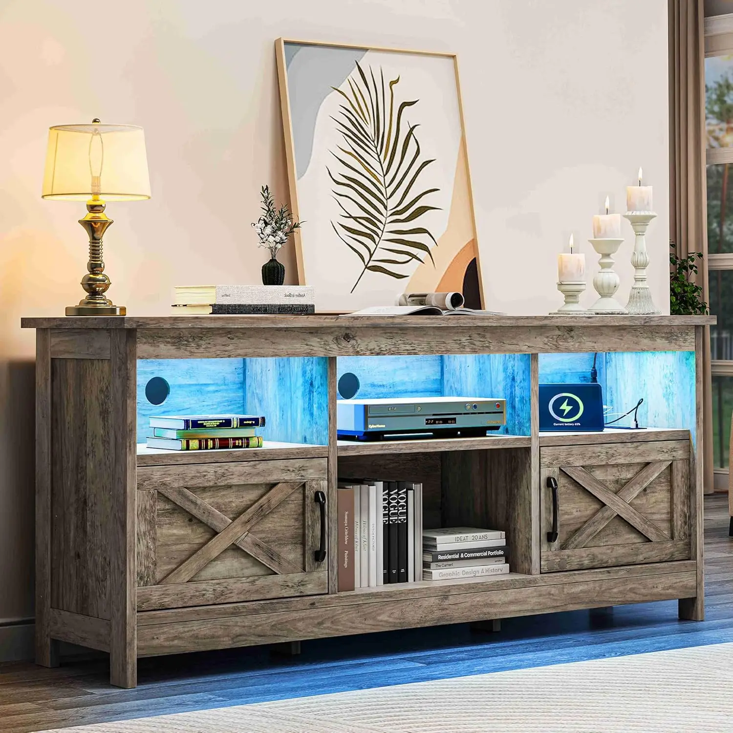 

Farmhouse TV Stand with Power Outlet, Entertainment Center,LED Light Media Console, Simple TV Cabinet for Living Room or Bedroom