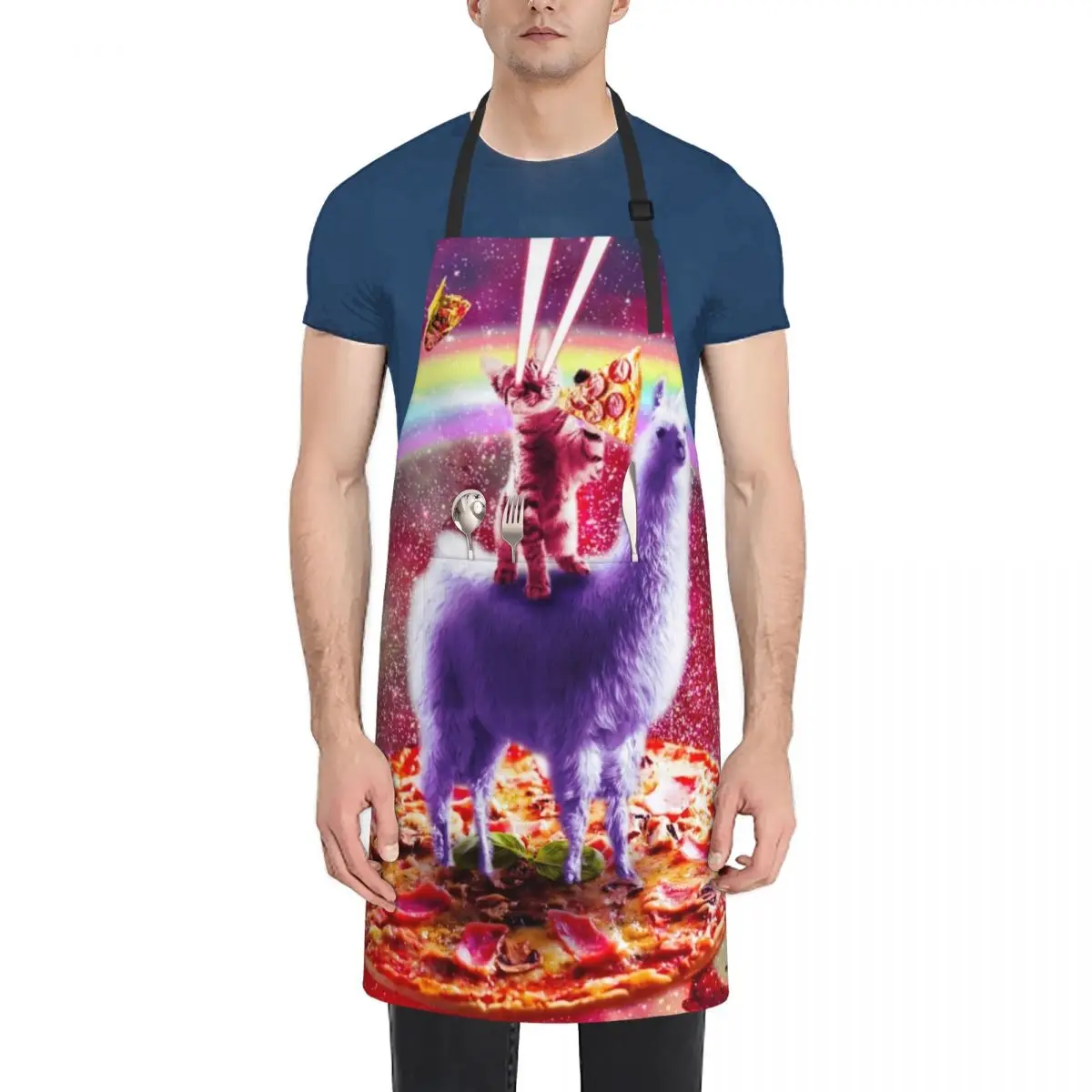 

Laser Eyes Outer Space Cat Riding On Llama Unicorn Apron Kitchen Supplies Kitchen For Men japanese style Apron