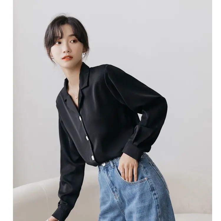 

Long Sleeve Shirts Womens Chiffon Button Down Blouses Pleated Hem Y2K Style Feminine Casual Autumn Daily Streetwear Wear