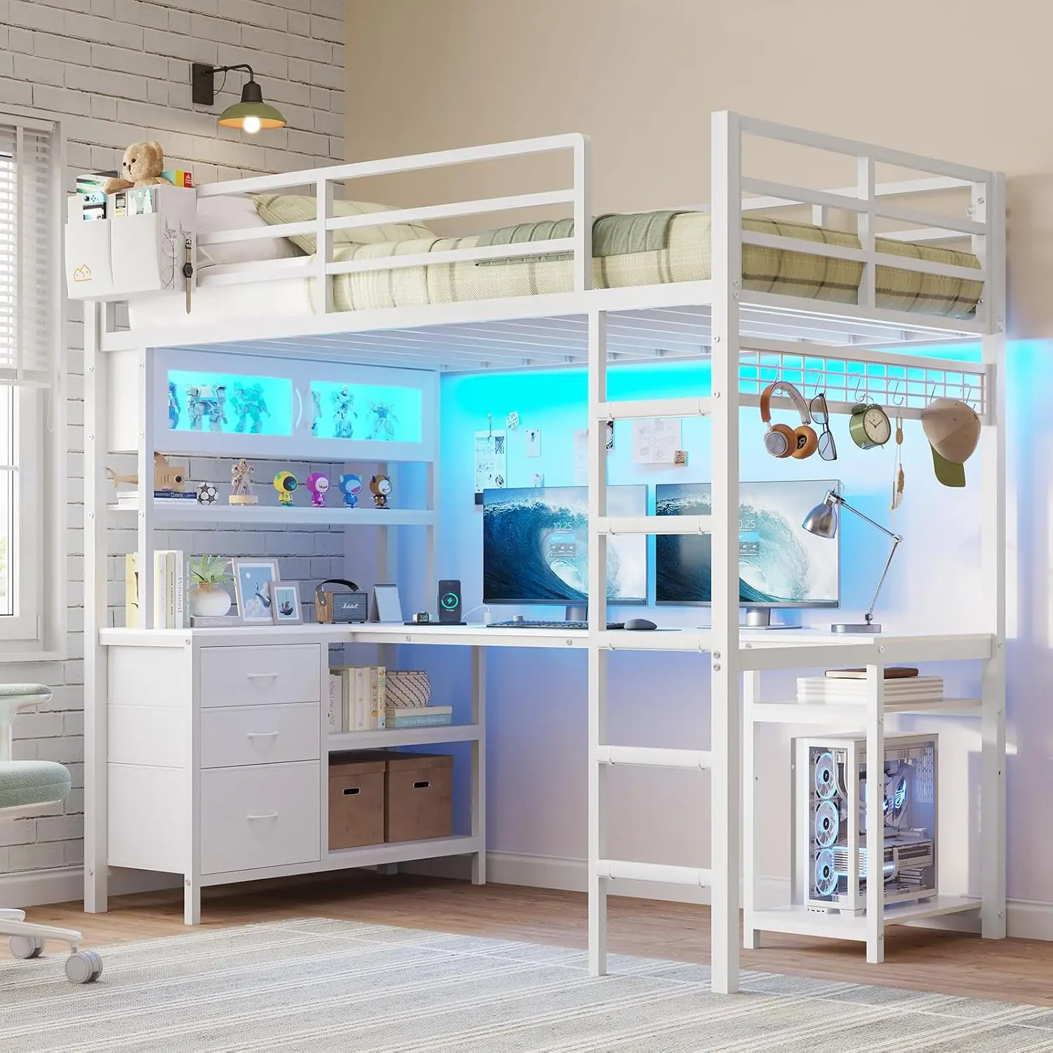 Twin Size Loft Bed with L-Shaped Gaming Desk, Storage Drawers, Glass Cabinet & Hutch, Twin Loft Bed with Smart LED, Customized