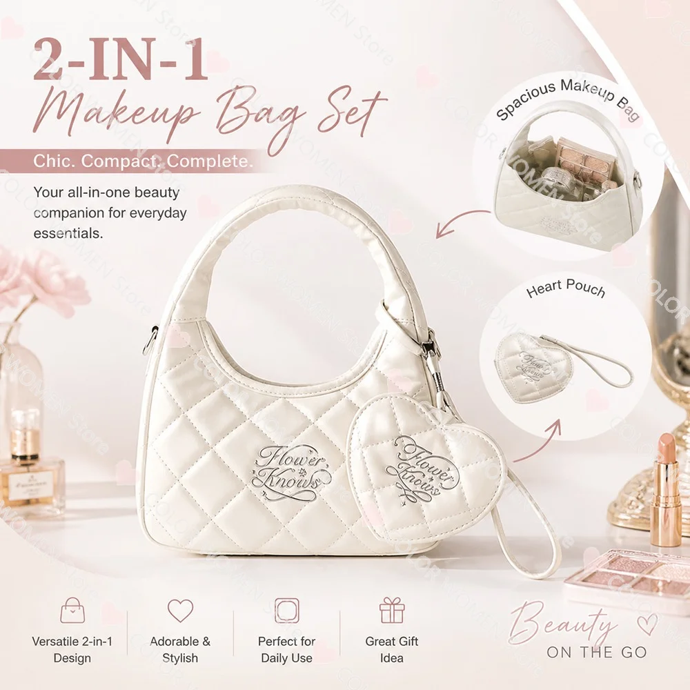 Flower Knows Limited edition diamond-patterned bag heart-shaped hanging bag  white makeup bag  storage handbag