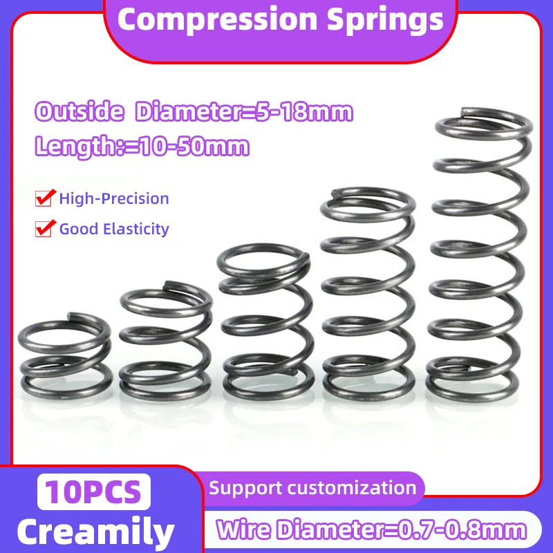 

Creamily 10Pcs/Lot Compressed Spring Return Pressure Spring Release Springs Wire Diameter=0.7-0.8mm OD=5-18mm L=10mm-50mm