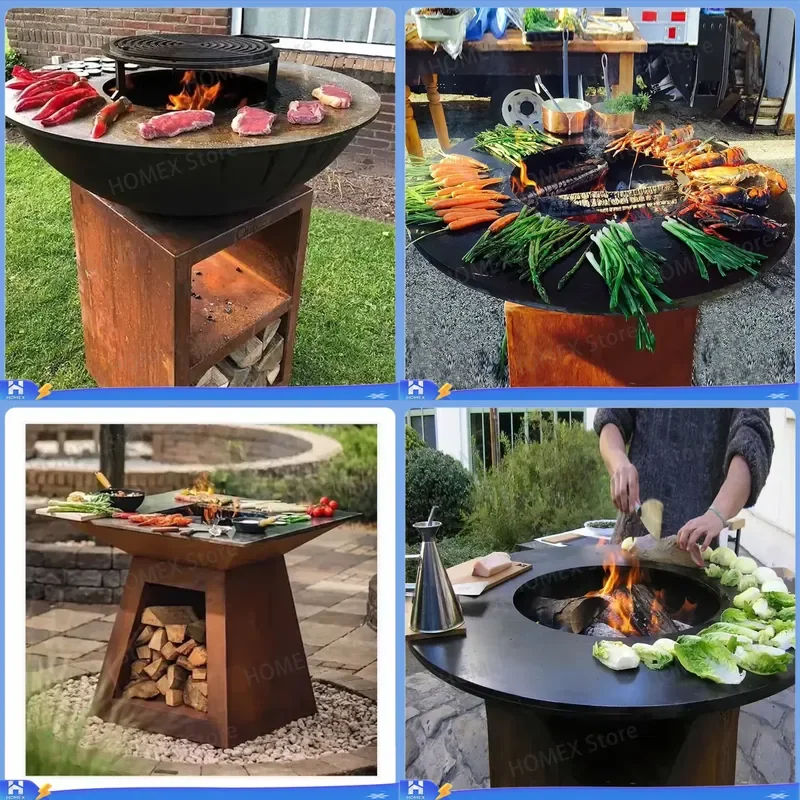 Heavy Duty Weathering Steel Fire Pit and Grill Outdoor Garden Patio BBQ Charcoal Wood Burning Fireplace Backyard Heating