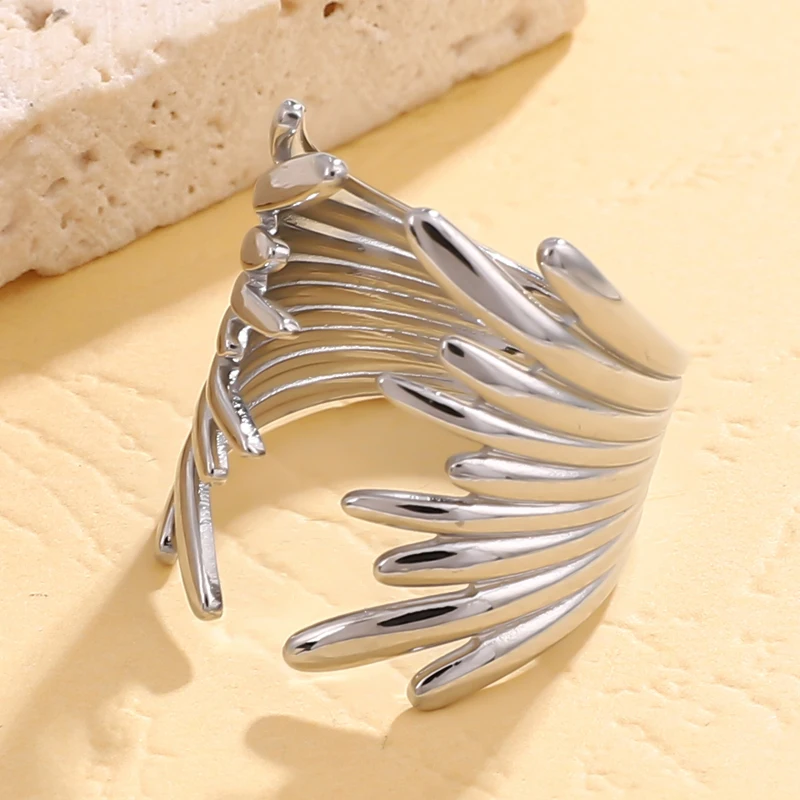 DLHP Irregular Stainless Steel Rings For Women Gold Plated Smooth Wings Wide Adjustable Open Rings 2024 Trend Jewelry Gift Femme