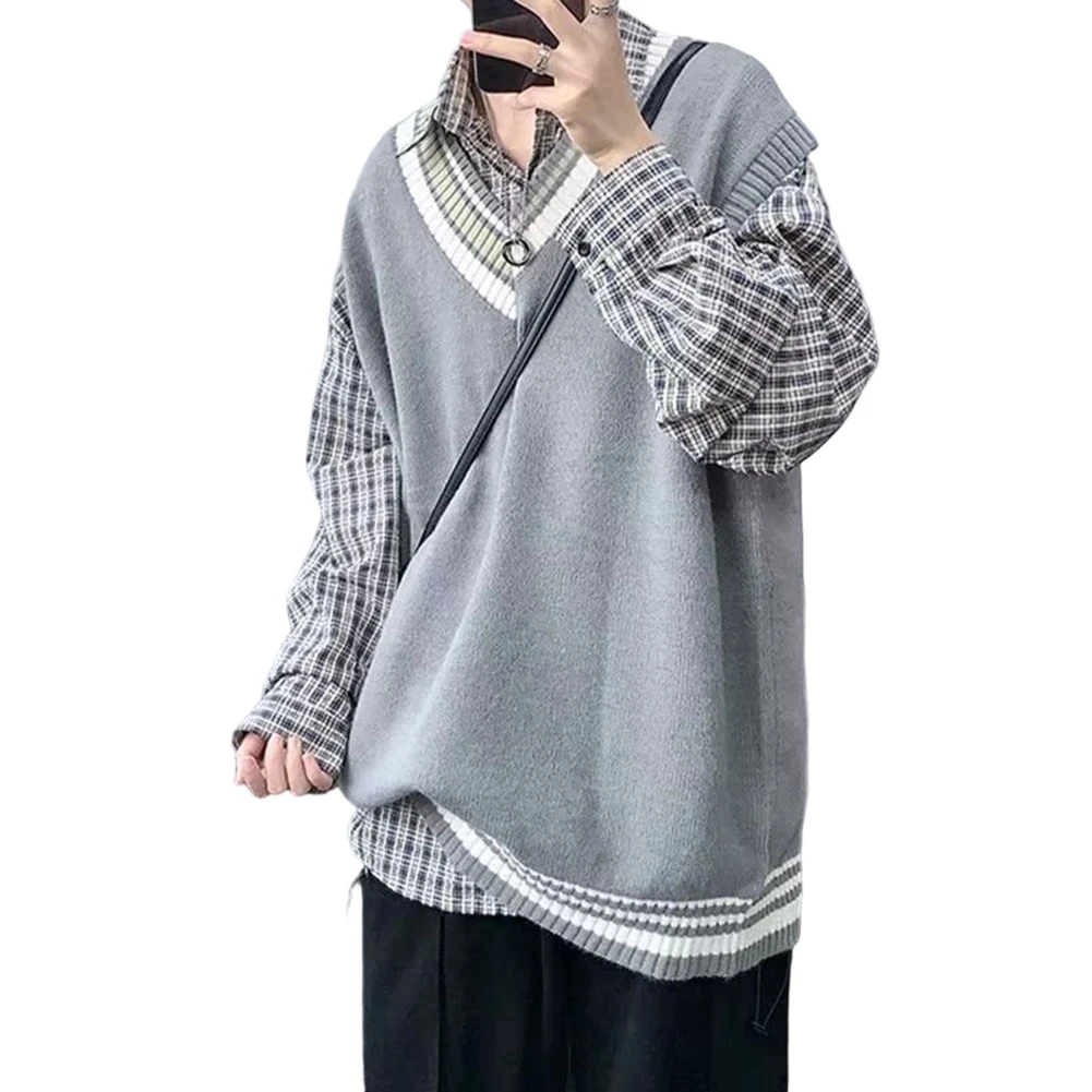 Men's Artistic Style Korean Vneck Knitted Vest Sweater Loose Streetwear Pullover Suitable for Casual Daily Wear and Layering
