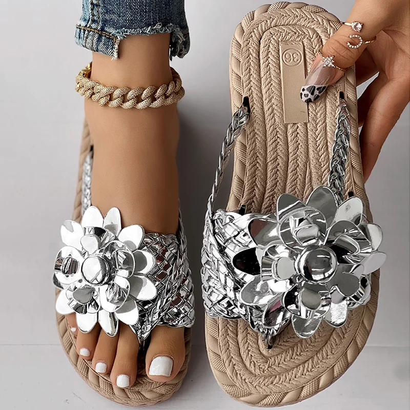 Women Fashion Casual Shoes Flat Vacation Holiday Holographic Braided Floral Pattern Toe Post Beach Flip Flops