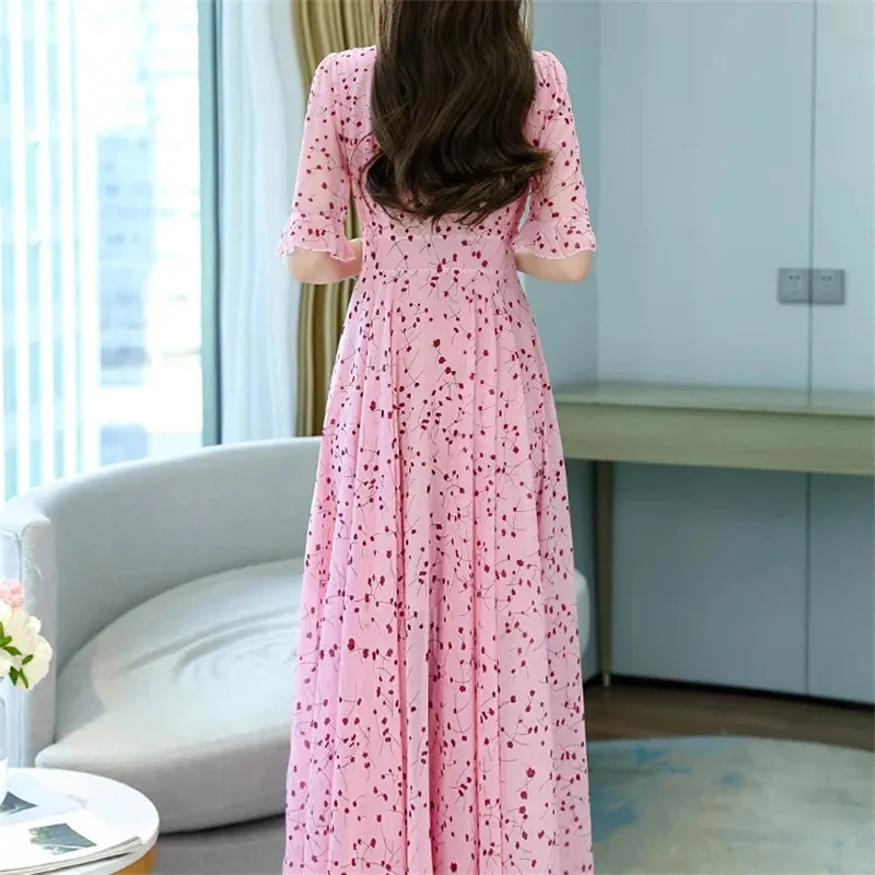 2024 Summer Floral Dresses For Women Korean Party Casual Beach Chiffon Formal Maxi Elegant Spring Long Evening Dress