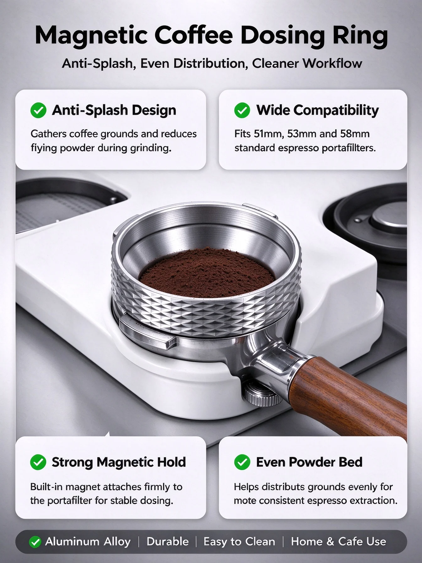 Magnetic Espresso Dosing Funnel, Anti-Splash Coffee Dosing Ring, Portafilter Powder Receiver & Distributor, 51mm /53mm /58mm Cof