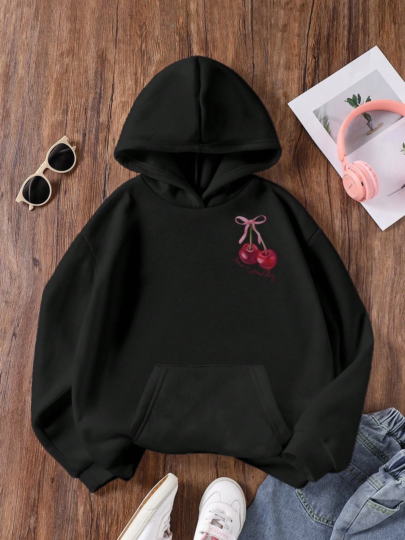 Autumn/Winter Children's Casual Fashion Solid Color Cute Bow Cherry Pattern Letter Print Hoodie, Suitable for Outdoor Activities