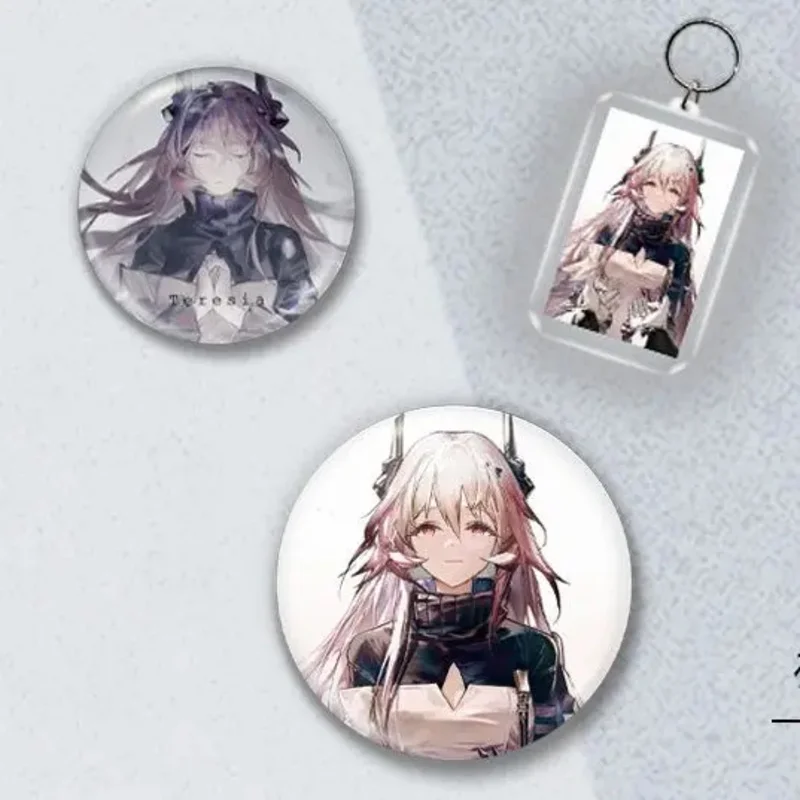 6Pcs/Set New Arknights Theresa Cosplay Keychains Laser Ticket Postcard Badge Brooch Backpack Clothes Accessories