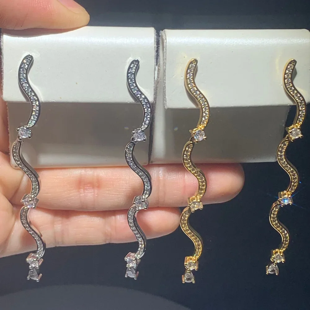 2025 New Micro Paved 5A Sparking Cubic Zirconia CZ Wave Link Chain Danging Drop Fashion Women Earring
