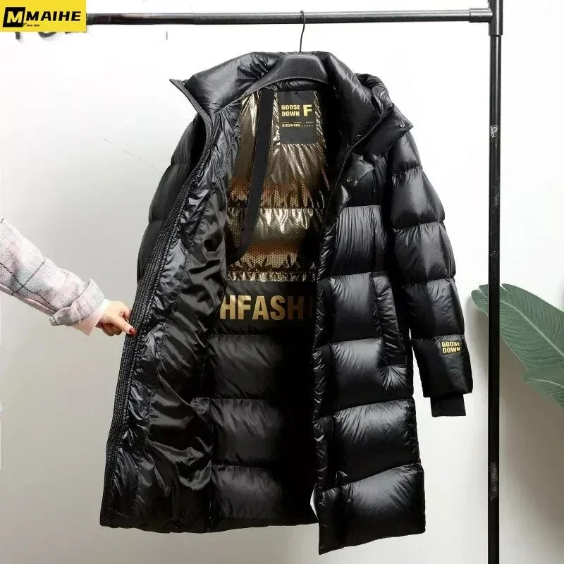 Casaco longo à prova de frio masculino, 90% jaqueta Goose Down, casaco com capuz quente, unissex, leve, luxo, preto, dourado,-30 ℃, inverno