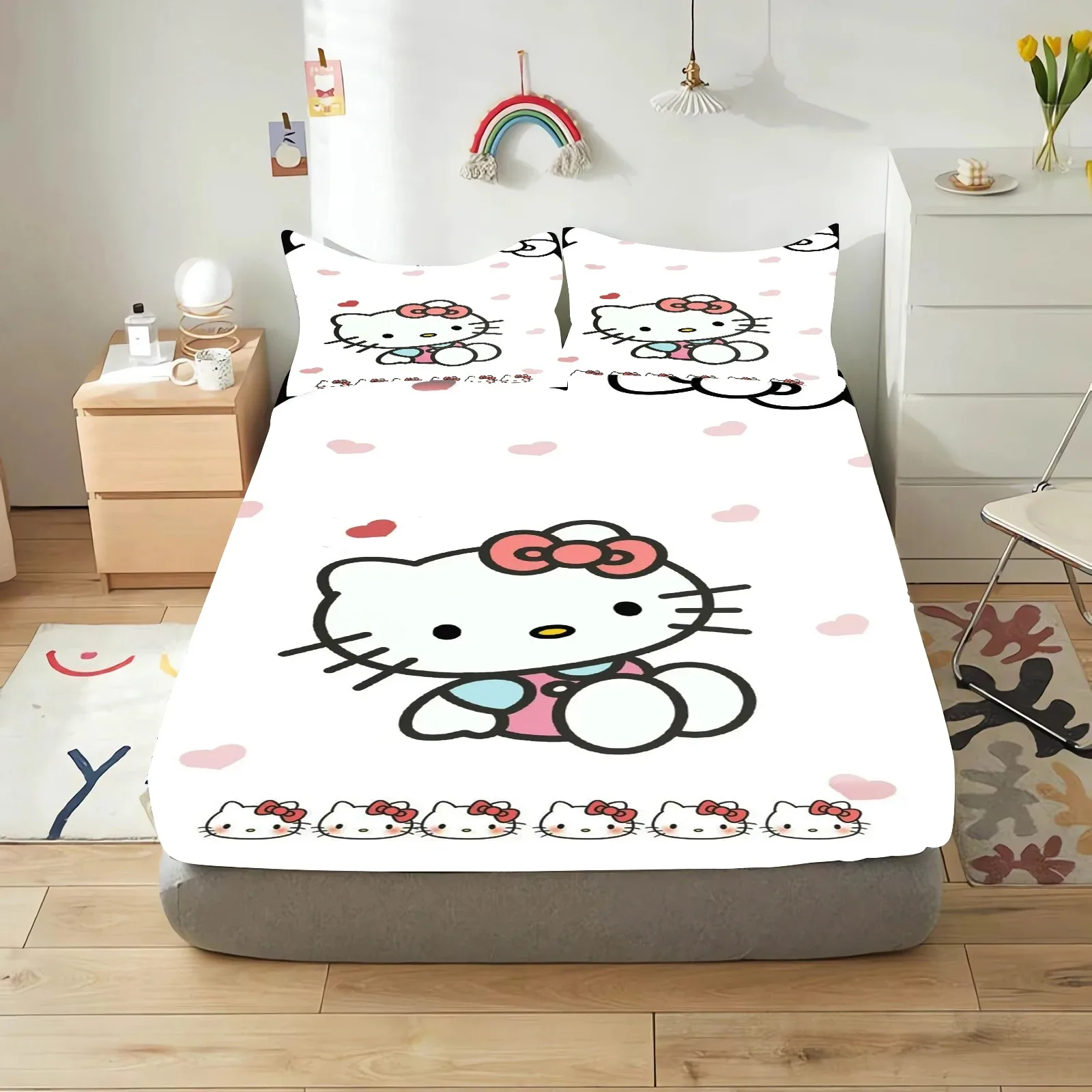 Zestaw materacy Sanrio HelloKitty Prześcieradło z nadrukiem kreskówkowym, narzuta na łóżko dla dzieci i dorosłych, zestaw pościeli