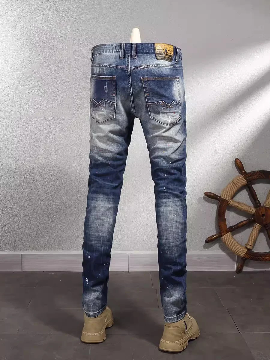 Fashionable streetwear men's jeans, high-quality retro washed blue elastic slim fit split cow patchwork jeans, men's retro desig