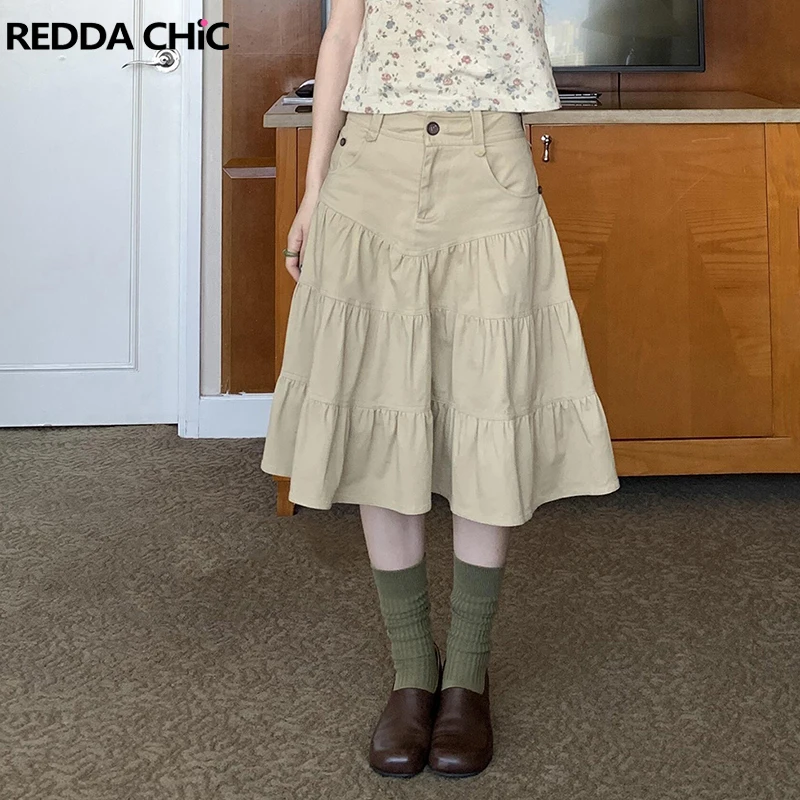 ReddaChic Women Knee Long Ruffle Skirt New In Versatile Casual Pleat A-line Plain Khaki Cake Skirt Kawaii Retro Summer Bottoms