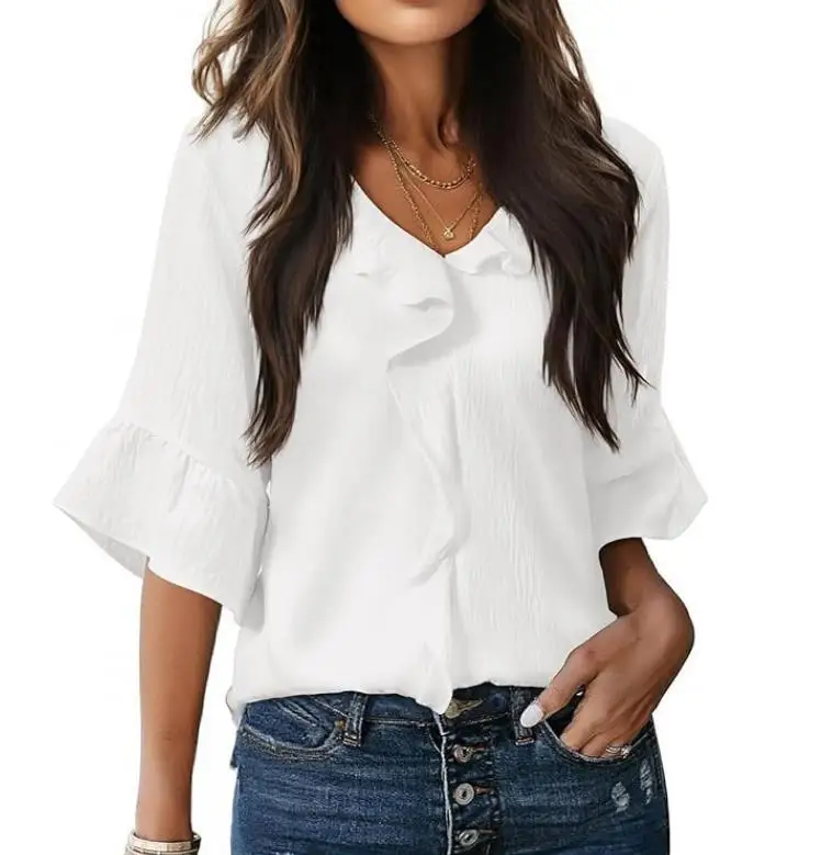 

2026 New Fashionable Elegant Sexy V-Neck Pleated Ruffle Edge Loose Women's Top Female Clothing T-Shirts