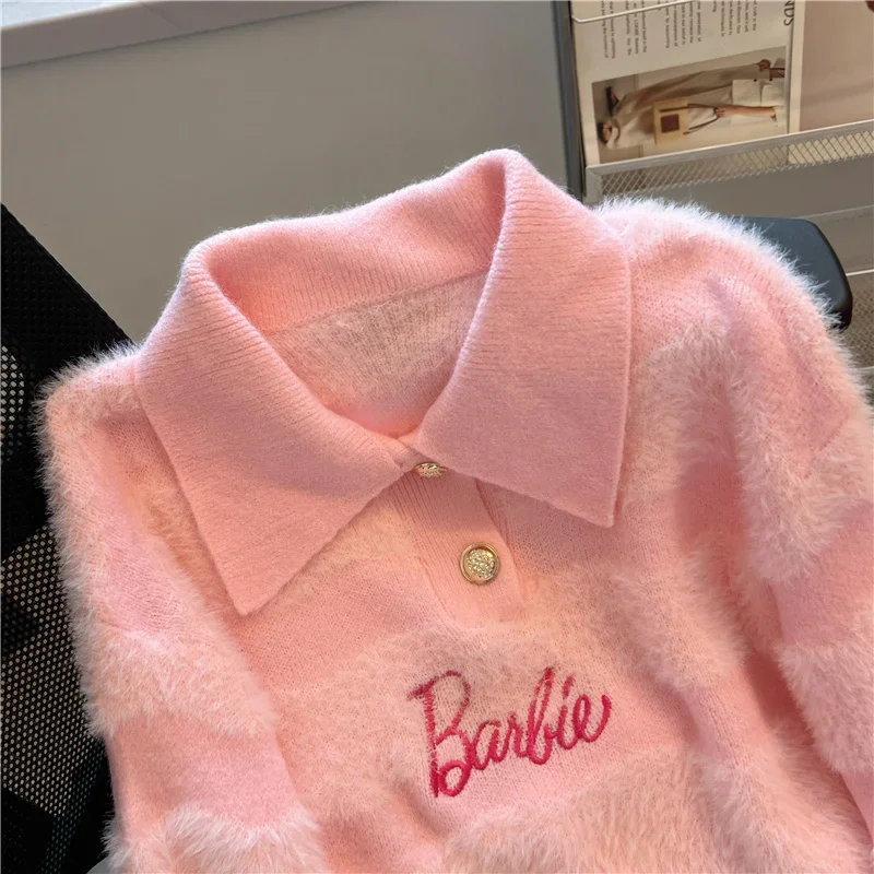 Barbie Polo Collar Striped Sweater Girl\'s Autumn Winter Lazy Loose Bottoming Anime Kawaii Sweater Short Letter Embroidered Top