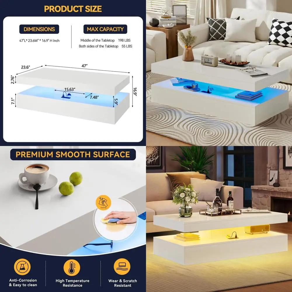 Modern White High-Gloss LED Coffee Table with Sliding Drawers and Double-Layer Storage