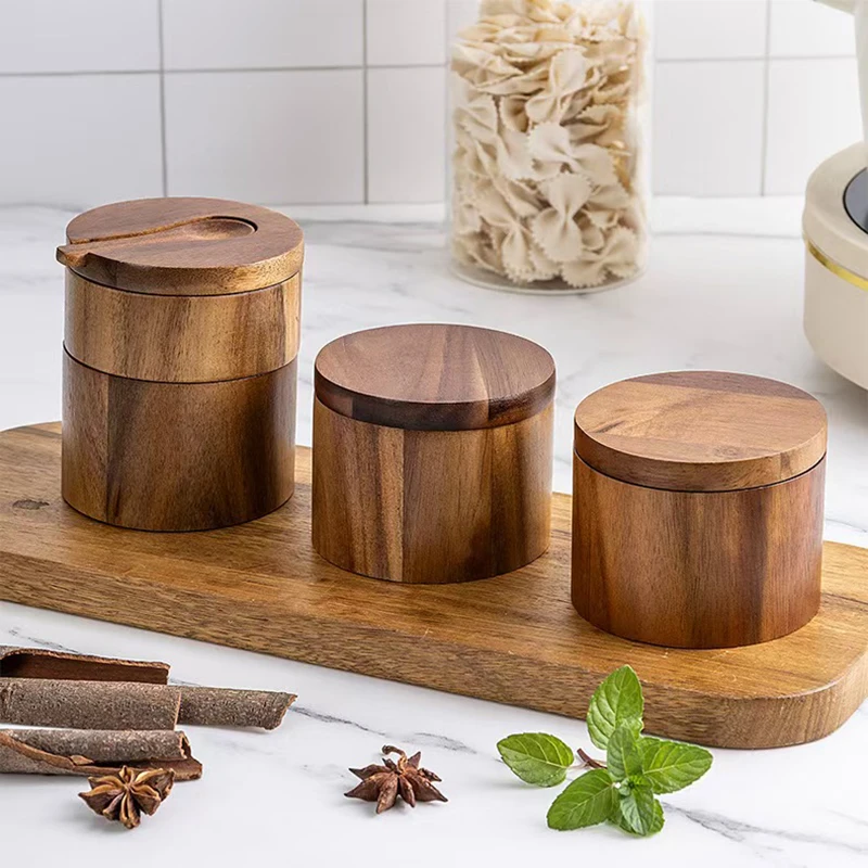 Acacia wood salt jar - Solid wood seasoning box - Single layer & Double layer - Storage seasoning tank for kitchen