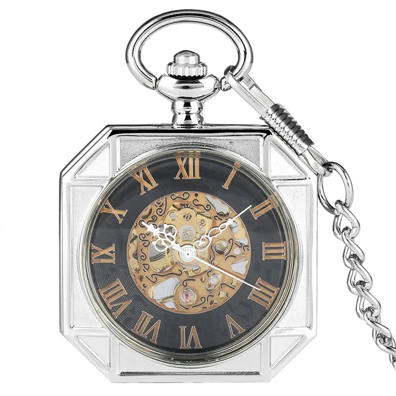 Steampunk Open Face Watch Men Women Hand-winding Mechanical Pocket Watch Roman Numerals Dial Pendant Chain Fob Skeleton Clock