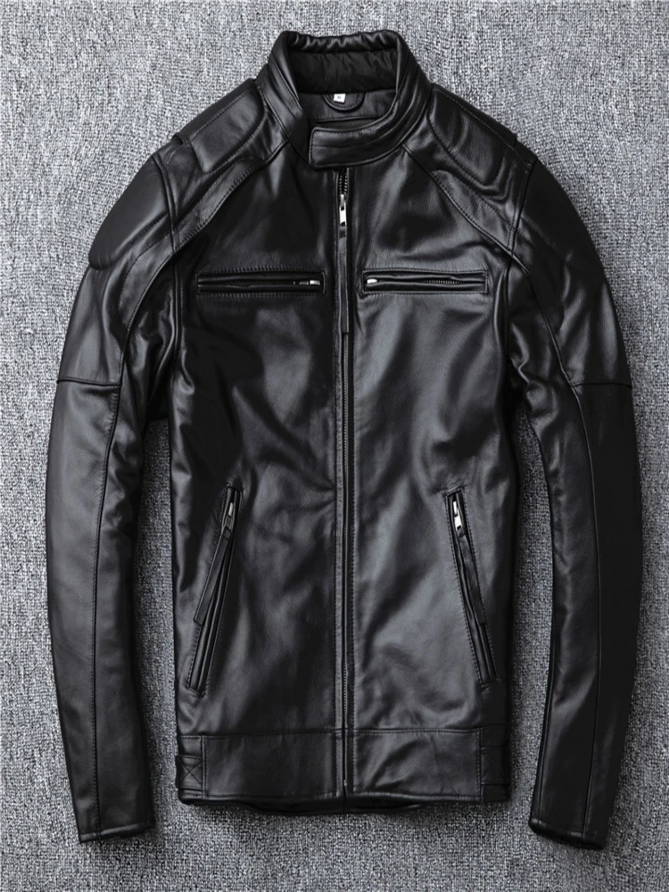 

Men's Natural Leather Motorcycle Jacket Stand Collar Cropped Autumn Men Black Calfskin Biker Clothing Removable Lining