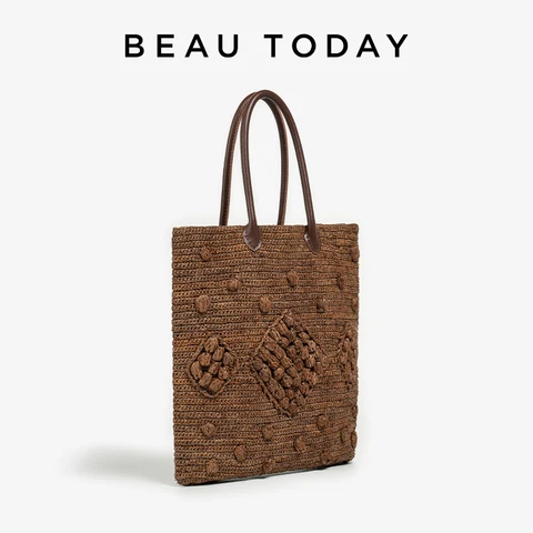 Винтажные сумки BEAUTODAY для женщин, однотонные, из рафии, с декоративной отделкой, большая вместимость, сумка-тоут с открытым карманом, женские сумки ручной работы 62160