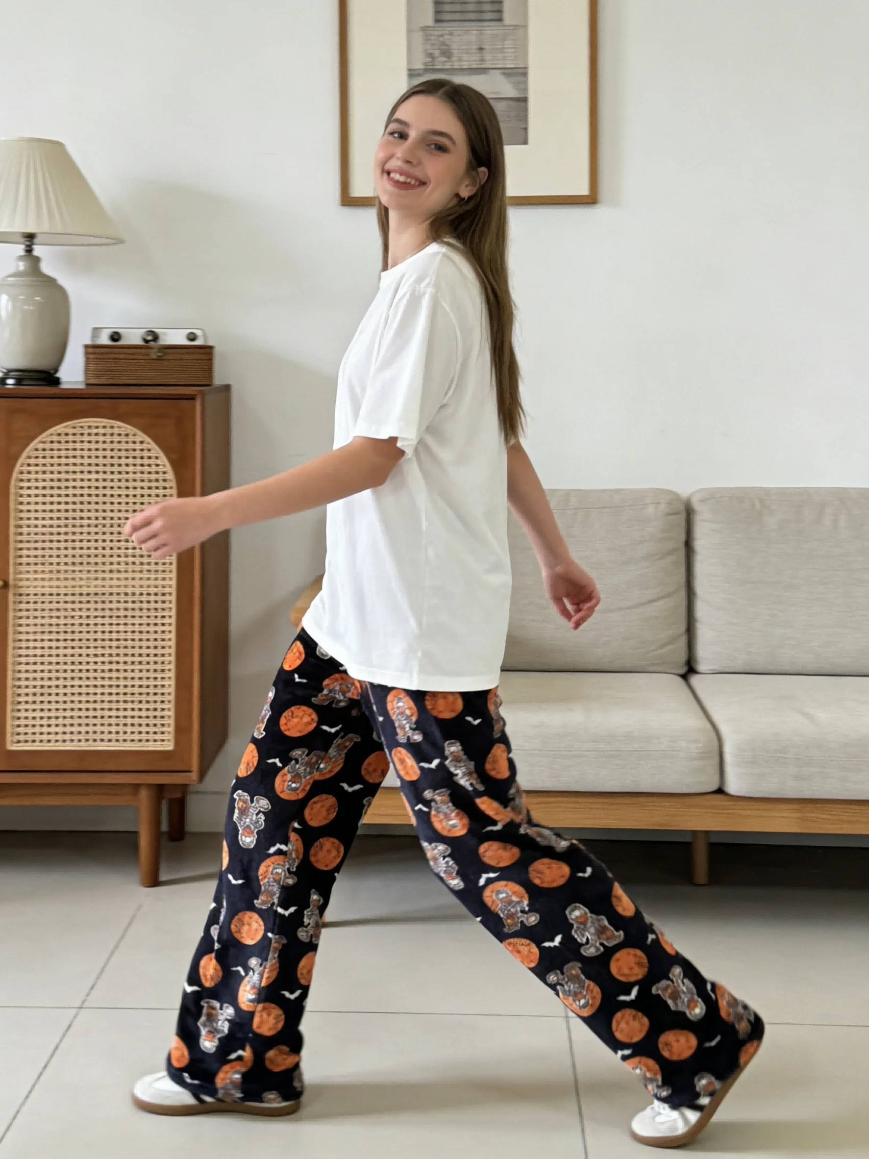 Halloween Cartoon Flannel Sleep Pants, Black Warm Cozy Lounge Pants for Couples, Perfect for Party Outfits! Ideal Holiday Gift!