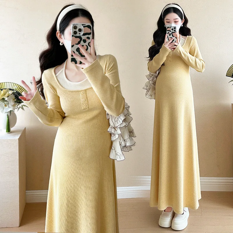 妊婦ドレス 2025 早春新製品甘い韓国スプライシング偽ツーピースニット妊婦ドレス