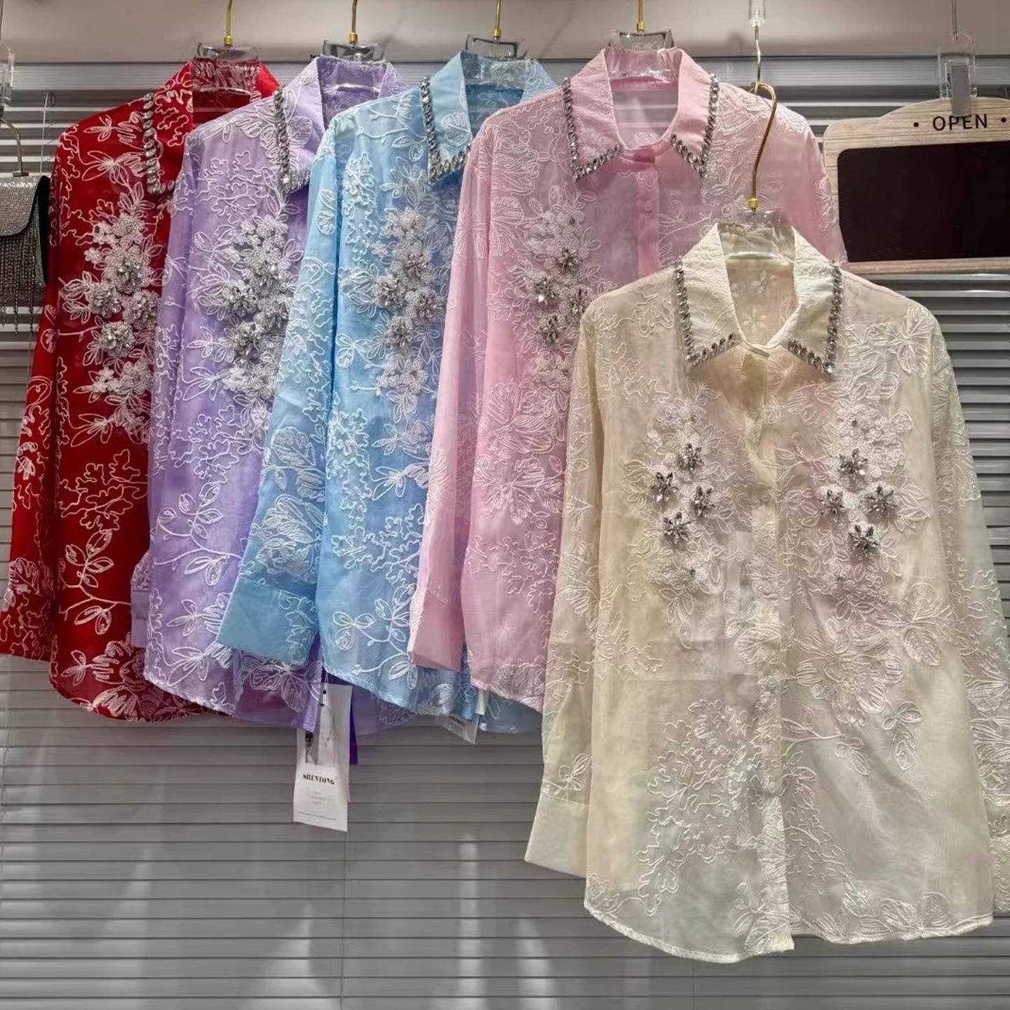 Heavy Industry Diamond Embroidery Thin Candy Color Long Sleeve Blouse Women Summer 2025 New Loose Skinny Sunscreen Shirt Top