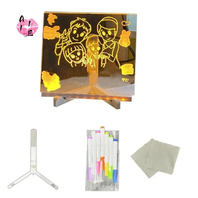 A11E-Colorful 7 Colors LED Dry-Erase Note Board Acrylic Message Board With Stand USB Power Rewritable Night Light