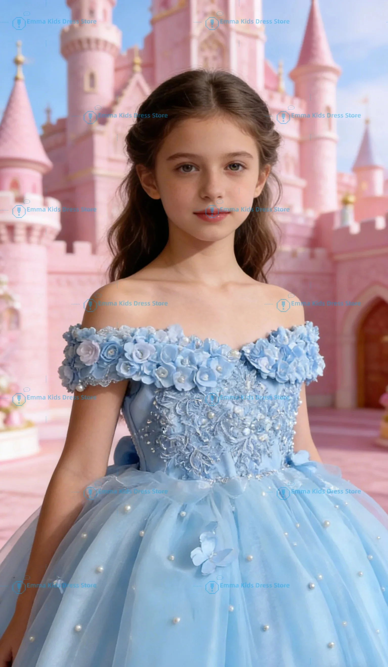 

White Green Flower Girl Dress Applique Tulle Short Sleeve Pearl Princess Ball Gown for Wedding First Communion Birthday Party