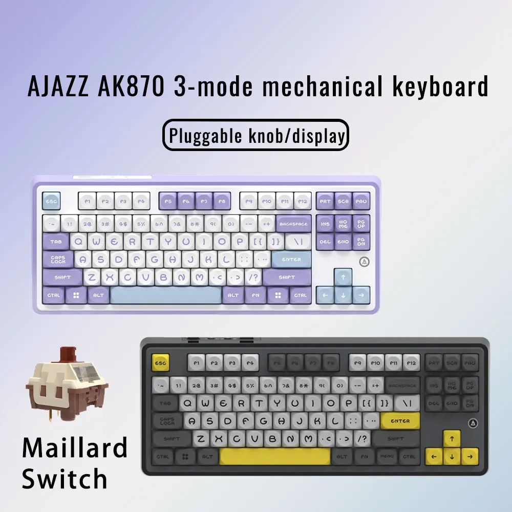 AJAZZ AK870 Mechanical Keyboard Tri-mode RGB Hot-swappable 1.06inch Customizable Screen Knob Wireless Bluetooth Gaming Keyboard