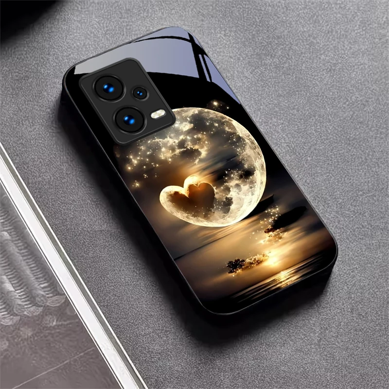 Romantic Moon Heart Black Glass Phone Case For Redmi Note 10 11 Pro+ 12 13 14 (Global) 14 Pro 5G K60 Ultra 13C 14C Glass Cover view 3