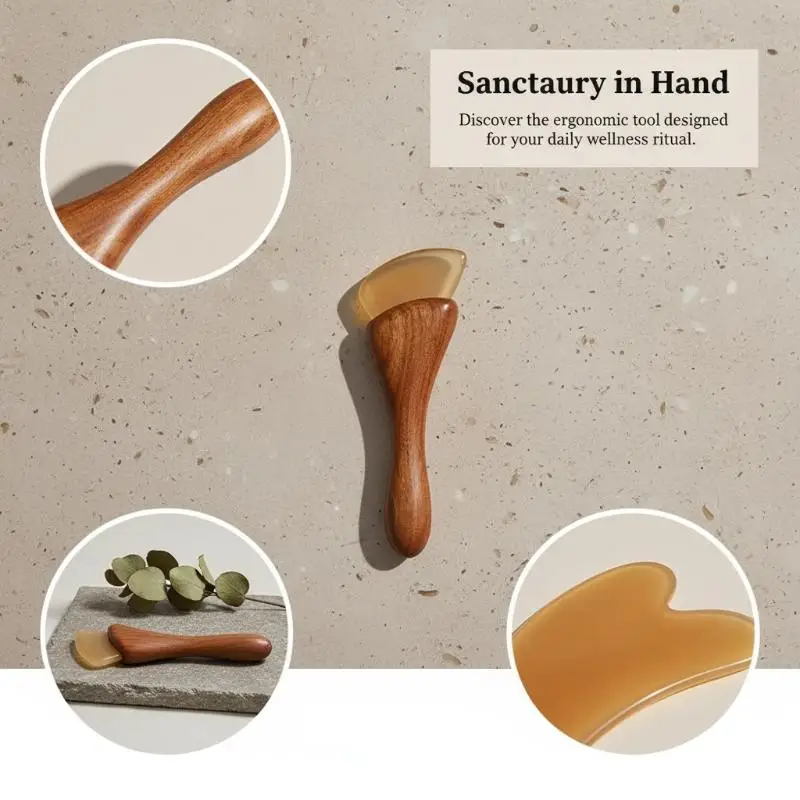 1PC Natural Sheep Horn Gua Sha Tool With Non Slip Wooden Handle Skin Friendly For Facial Massage Home Use