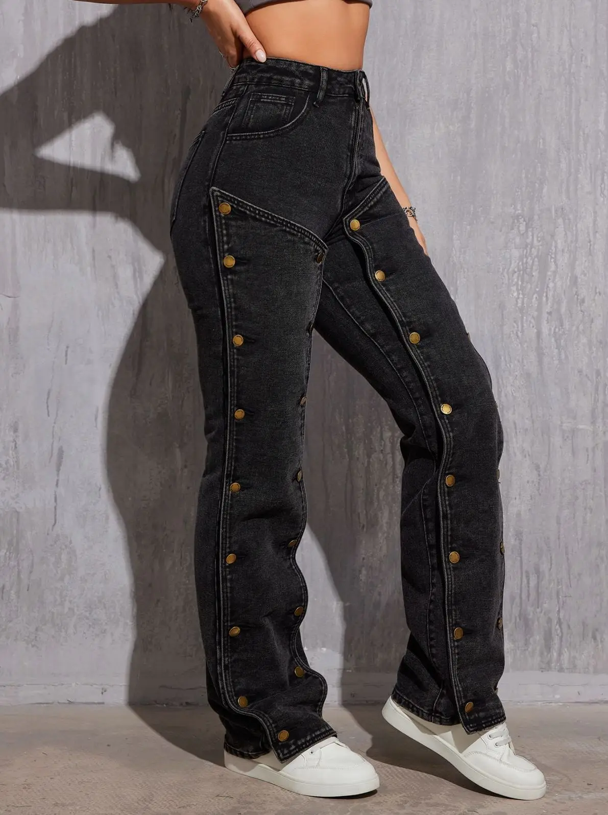 Women\'s Spring and Autumn New Fashion Detachable Multi-button Straight-leg Pants, Hip Hop Casual High-waisted Cargo Long Pants