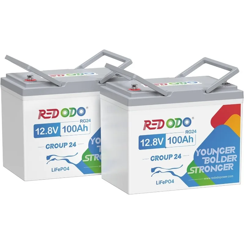 Redodo 2 Pack 12V 100Ah Group 24 Battery, 1280Wh Deep Cycle LiFePO4 Battery with 100A BMS