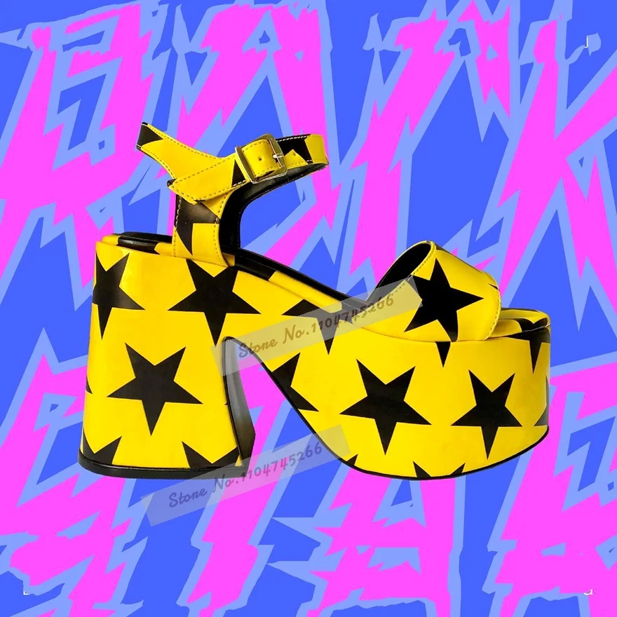 Yellow Black Stars Printed Platform Sandals Women Ankle Strap Chunky Heels Open Toe Party Shoes Y2K Block Heels Banquet Pumps