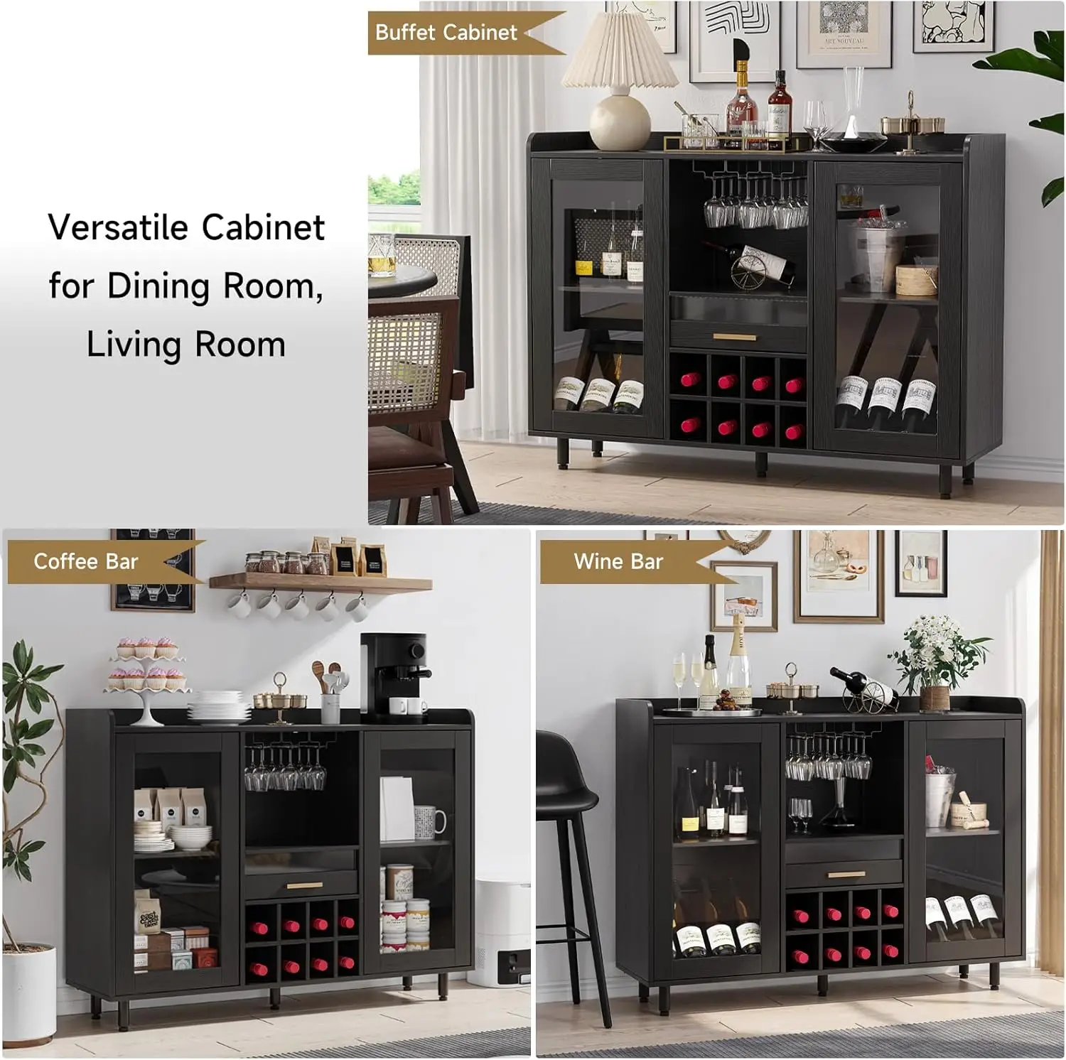 Weinbar schrank mit LED-Leuchten & Steckdose, Home Coffee Bar Schrank mit Wein & Glas Rack, modernes Buffet Side board mit