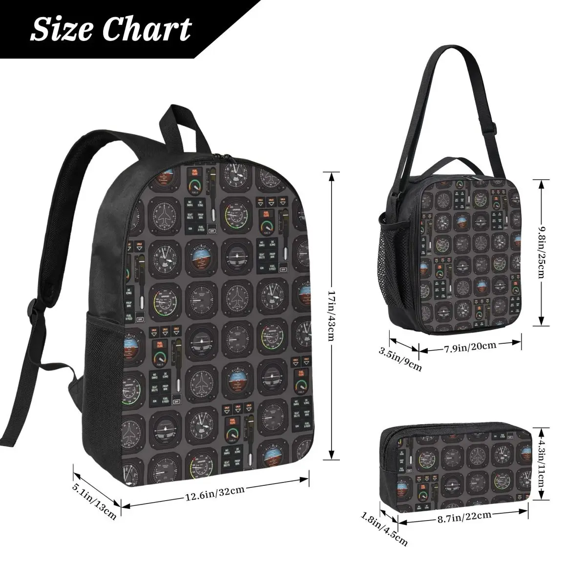 Pilot Flight Instruments Backpack Boys Girls BookBag School Bag Laptop Shoulder Bags 3ps Insulated Lunch Bag Pencil Case