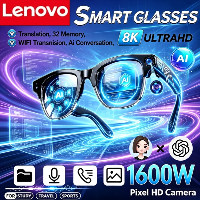 Lenovo 4K Touch Control Smart Sunglasses Wireless Bluetooth Camera Photo Recording AI Translator Voice Assistant Glasses