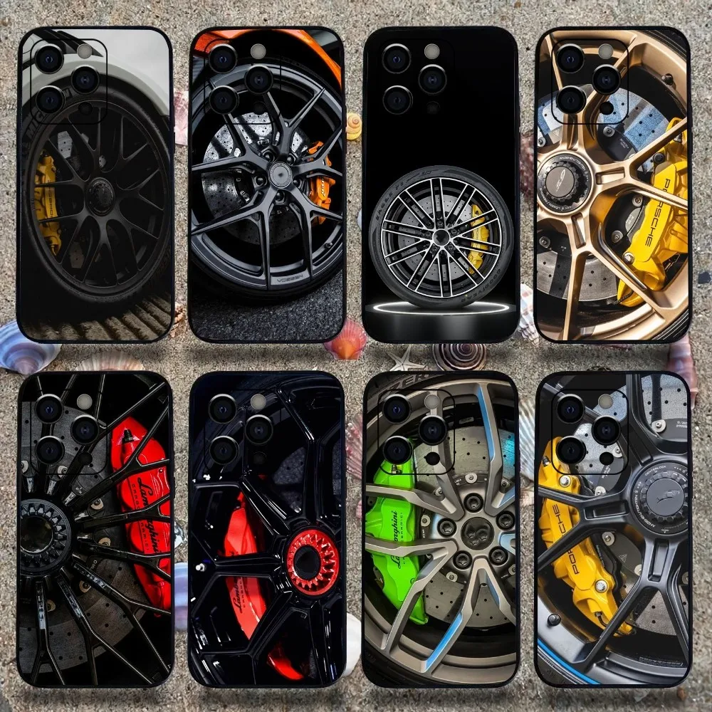 Luxury Sports Car Wheel Caliper Phone Case For Apple iPhone 15,14,13,12,11,Pro,X,XS,Max,XR,Plus,Mini Soft  black shell